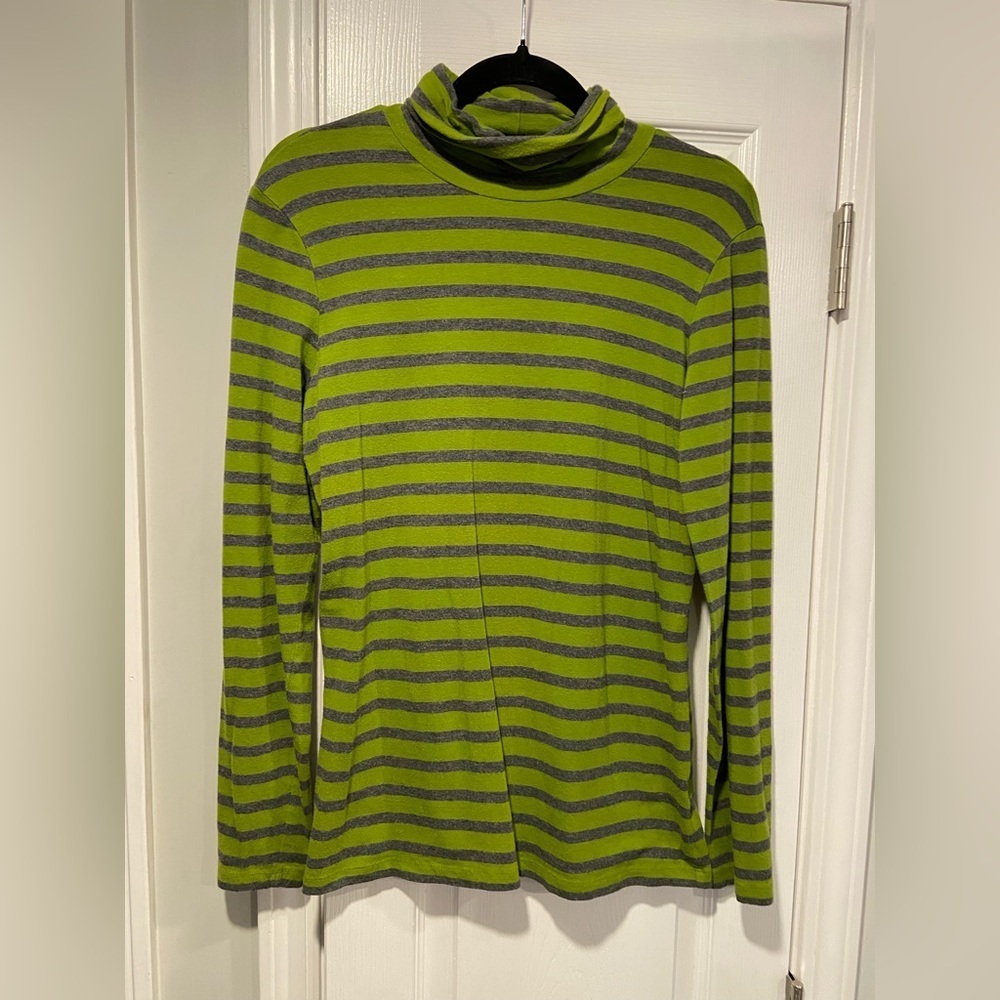 Lands End Size M Green Gray Stripe Long Sleeve Turtleneck Top Stretch Soft